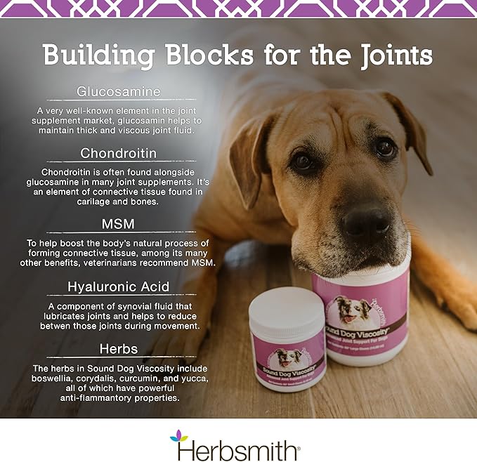 Herbsmith Sound Dog Viscosity – Advanced Joint Support for Dogs – Veterinarian Recommended Glucosamine for Dogs, Hyaluronic Acid, Chondroitin, MSM – Natural Arthritis Pain Relief – 60ct Large Chews