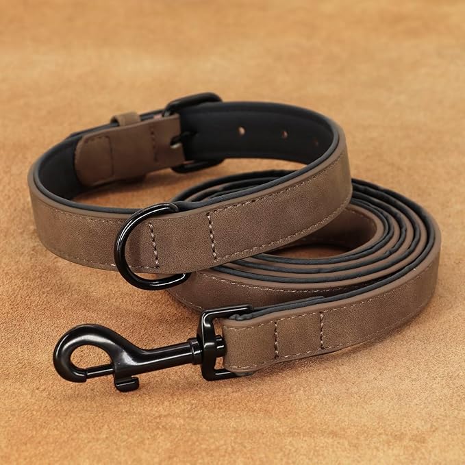Didog Soft Padded Leather Dog Collar and Leash Set, Adjustable Dog Leash and Collar Set with Metal Buckle, Breathable Dog Collars with 4FT Leather Dog Leash for Small Medium Large Dogs, Brown, M