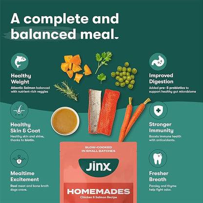 Jinx Salmon Grain Free Wet Dog Food Toppers, Meal or Mix with Dry Dog Food, Made with Real Salmon & Chicken, Bone Broth, No Fillers, Puppy, Adult, Senior, 9oz, 6 Pack