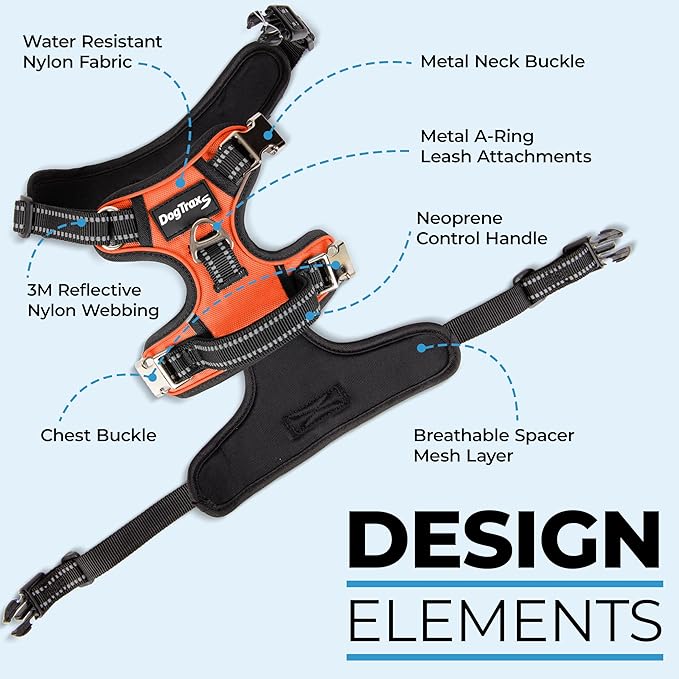 DogTraxs - Step-in Dog Harness - for Medium Dogs - Soft Padding & Reflective Trim - Adjustable No Pull Through Design - Control Handle - Top & Front Clip Durable - Orange