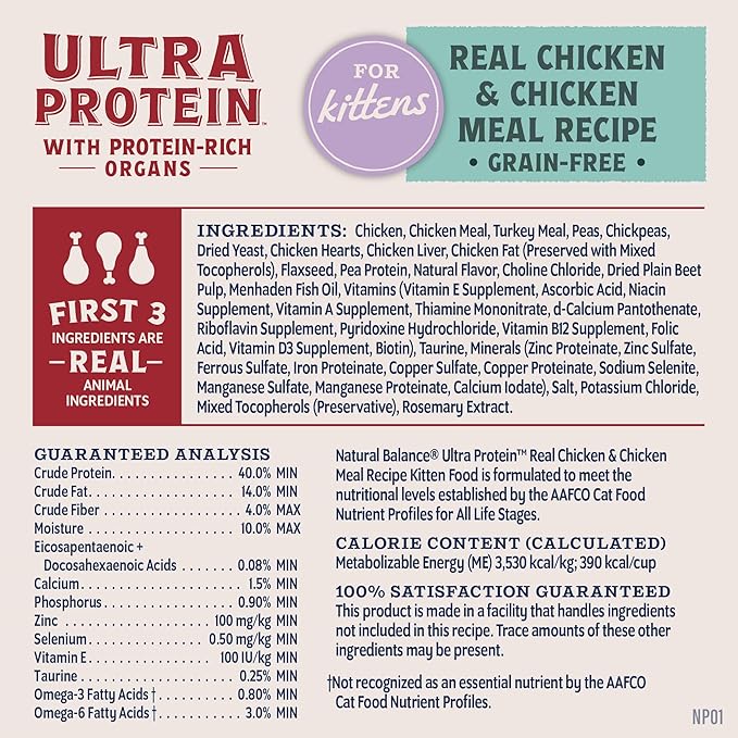 Natural Balance Ultra Protein Kitten Dry Cat Food, Real Chicken & Chicken Meal Recipe with Protein-Rich Organs - 3 lbs.