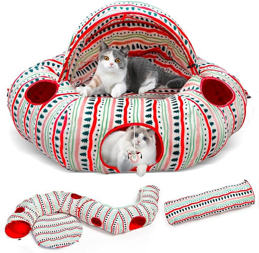 OUHOU Cat Tunnel Bed for Indoor Cats, Soft Plush Peekaboo Cat Cave Donut Tunnel, Multifunctional Cat Playground Toys Hideplace for Small Medium Large Cats, Kittens, Rabbit, Ferret (Red)