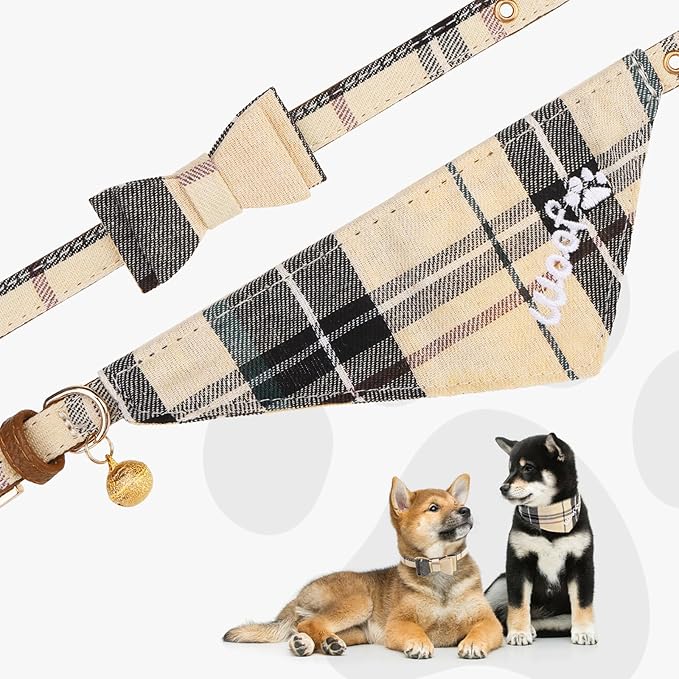 KOOLTAIL Small Dog Collar and Leash Set with Bowtie and Bells, Cute Embroidery Puppy Bandana Collar Collar and Leash with Classic Plaid Pattern,Soft Leather Tangle Free Leashes for Small Dogs,Boy Girl