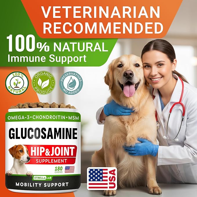 Glucosamine Treats for Dogs - Joint Supplement w/Omega-3 Fish Oil - Chondroitin, MSM - Advanced Mobility Chews - Joint Pain Relief - Hip & Joint Care - Chicken Flavor - 180 Ct - Made in USA