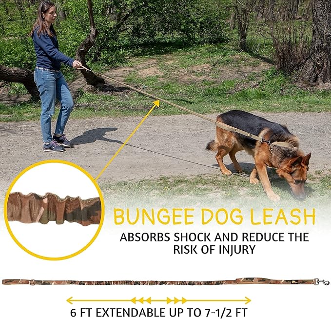 ADITYNA Tactical Bungee Dog Leash 6ft-7.5ft - Shock Absorbing Lead with 2 Padded Handles, Metal Clasp, Car Seatbelt - Heavy Duty No Pull for Medium, Large & XL Breeds