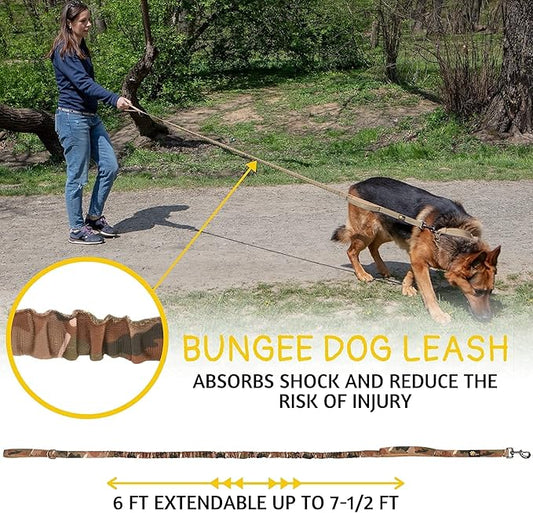 ADITYNA Tactical Bungee Dog Leash 6ft-7.5ft - Shock Absorbing Lead with 2 Padded Handles, Metal Clasp, Car Seatbelt - Heavy Duty No Pull for Medium, Large & XL Breeds