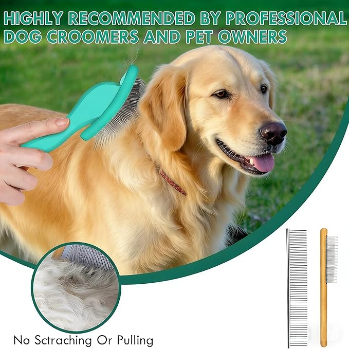 Slicker Brush for Dogs, Dog Grooming Supplies Long Pin Large Doodle Brush for Goldendoodles Poodles Bernedoodles, 3 Pcs Grooming Tools with Wooden Handle for Mats Tangles - Green