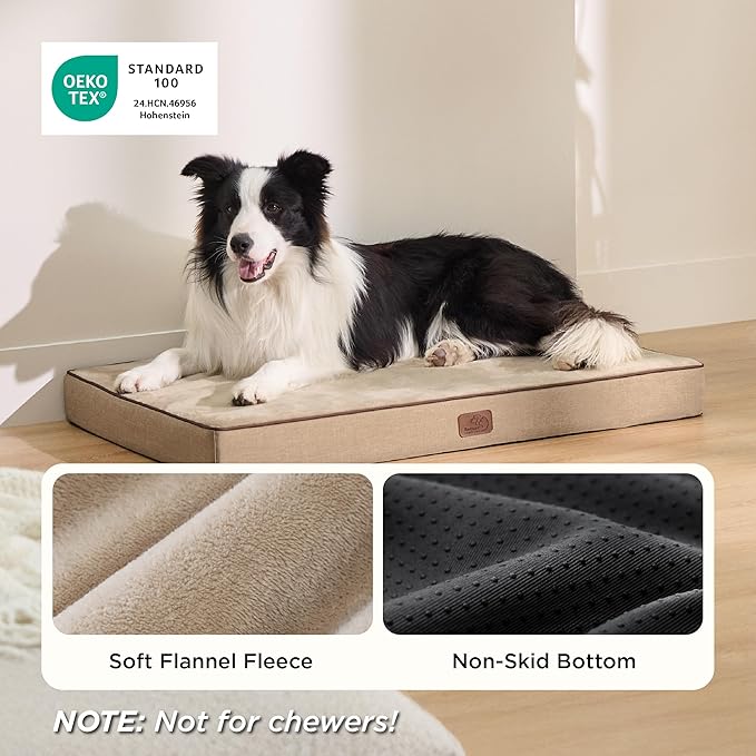 Bedsure Memory Foam Dog Beds Large Sized Dog - Orthopedic Pet Beds for Crate with Removable Washable Cover and Nonskid Bottom, Plush Flannel Fleece Top Pet Mat, Khaki