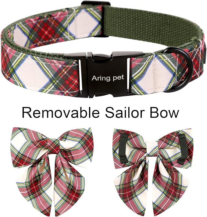 ARING PET Christmas Dog Collar, Cute Xmas Pet Collar with Sailor Bowtie Red and Green Plaid Bow Tie Collars with Metal Buckle for Puppy Small Medium Large Boy Girl Dogs-L
