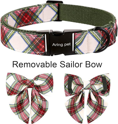 ARING PET Christmas Dog Collar, Cute Xmas Pet Collar with Sailor Bowtie Red and Green Plaid Bow Tie Collars with Metal Buckle for Puppy Small Medium Large Boy Girl Dogs-L