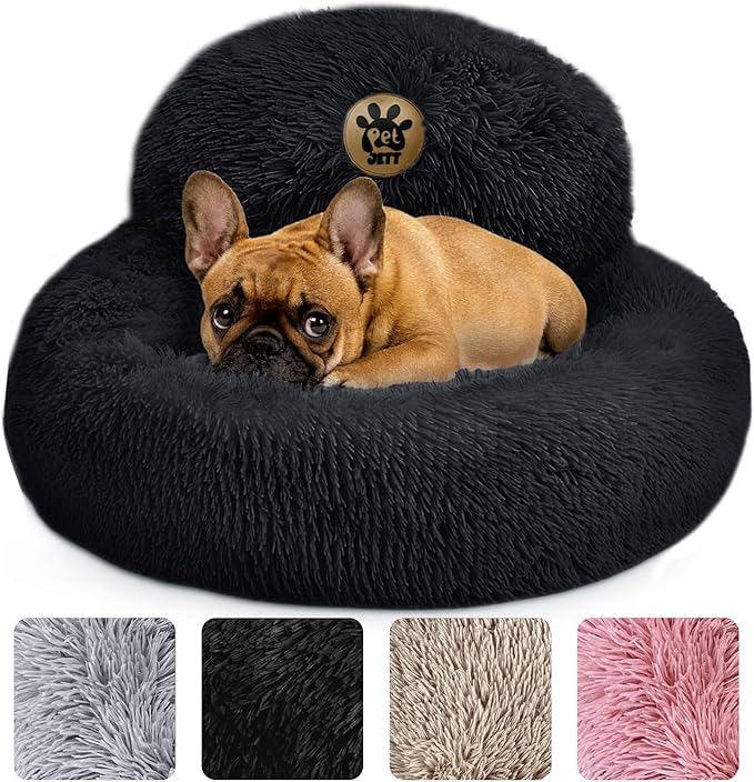 PetJett Calming Dog Bed for Small Dogs – 23" Donut Dog Beds, Anti-Slip & Washable Fluffy Plush Faux Fur Pet Bed, Anti-Anxiety Premium Comfort Round Puppy Bed, Fits Dogs up to 25 lbs – Black