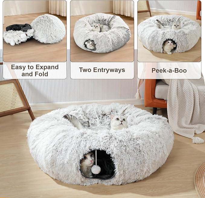 Cat Tunnel with Cat Bed for Indoor Cats, Under Christmas Tree Soft Plush Peekaboo Cat Cave Donut Tunnel, Multifunctional Playground Toys Hideplace for Kittens, Rabbit, Ferret