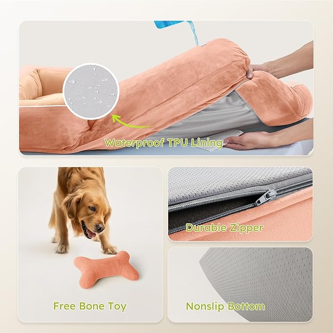 CWAWZ Dog Beds for Large Dogs, Orthopedic Dog Bed with Cooling Gel Memory Foam, Waterproof Large Pet Bed with Removable Washable Cover, 36" Pet Sofa Couch Dutch Velvet with Bone Toy, Peach Pink