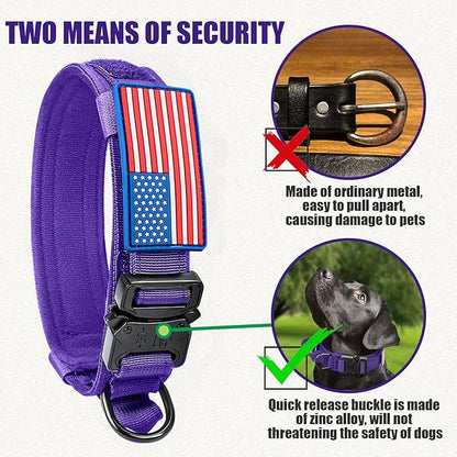 Tactical Military Collar - Adjustable Nylon, Heavy Duty Metal Buckle with Handle for Dog Training, with Patches (Purple, XL)