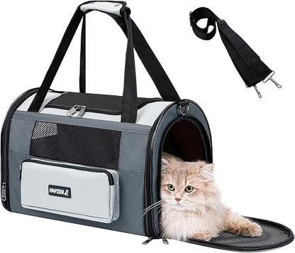 PAPZER Collapsible Small Pet Carrier for Cat 15 lbs with Fashion Pocket, Lightweight Sturdy Travel Carry Bag Little Puppy Dog, Breathable Stylish Kitten Soft Cage Kennel, 17.7x11.0x11.8 Inch Grey