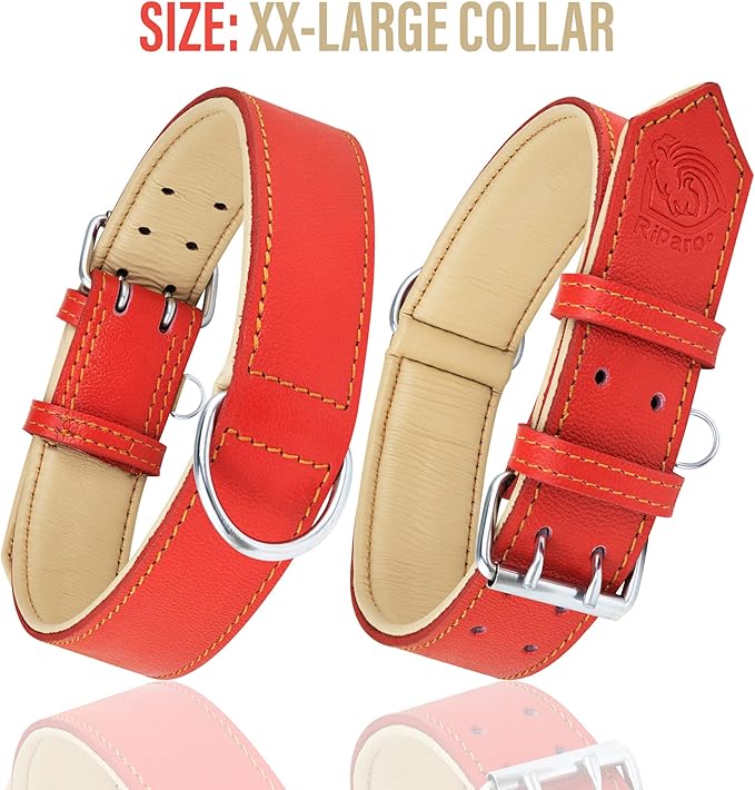 Riparo Red Leather Dog Collar - Heavy Duty Wide Dog Collar for Small, Medium, Large and Extra Large Dogs with Dog Tag Holder (XL: 1.75" Wide for 21”-25” Neck, Red)
