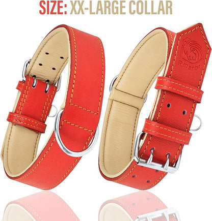 Riparo Red Leather Dog Collar - Heavy Duty Wide Dog Collar for Small, Medium, Large and Extra Large Dogs with Dog Tag Holder (XL: 1.75" Wide for 21”-25” Neck, Red)