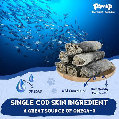 PAWUP Cod Skin Dog Treats - Natural Fish Roll Snacks w/Taurine, Single Ingredient Chews, Rich in Omega 3, 16.2 oz