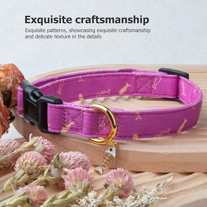 Cotton Handmade Dog Collar Cute and Distinctive Patterns Purple Fish with Pendant for Girl Boy Dogs Collars L