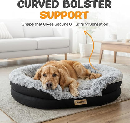 Miorun Fluffy Orthopedic Dog Bed for Extra Large & Jumbo Dogs, Calming Plush Sofa Bed with Curved Bolster Support, 48" Cozy Oval Pet Donut Bed with Washable Cover, Gray