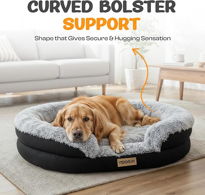 Miorun Fluffy Orthopedic Dog Bed for Large & Extra Large Dogs, Calming Plush Sofa Bed with Curved Bolster Support and Egg-Crate Foam Base, 43" Cozy Oval Pet Donut Bed with Washable Cover, Gray