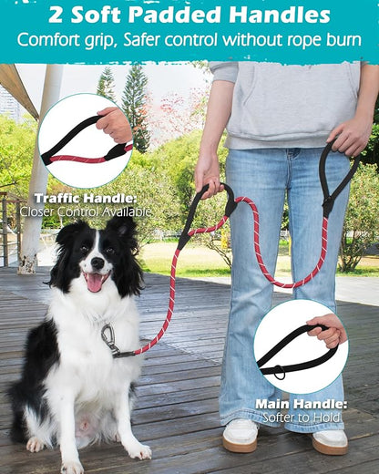 PetBonus Double Handle Rope Dog Leash, 5FT Heavy Duty Training Lead with Lockable Hook and 2 Comfortable Padded Handles, Reflective Walking Nylon Leash for Large Medium Dogs (55-200 lbs, Red)