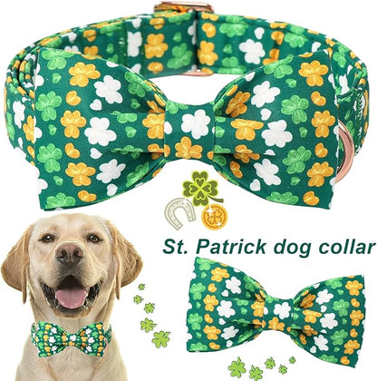 ARING PET St Patrick's Day Dog Collar, Cute Green Clovers Adjustable Shamrock Bowtie Pet Collar for Small Medium Large Girl Boy Dogs-M