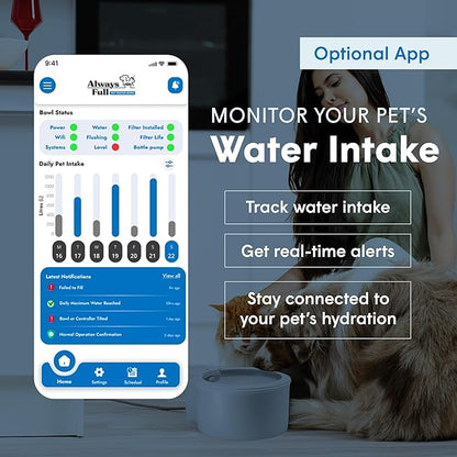 Always Full® 7” Cat Water Bowl with Wall Unit, Self Refilling Clean Filtered Water System, App Enabled Smart Hydration Tracking, Automatic Water Bowl for Cats and Dogs