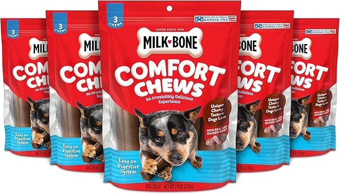 Milk-Bone Comfort Chews, Rawhide Free Dog Treats with Unique Chewy Texture and Real Beef, 3 Chews (Pack of 5), Easy on Digestive System