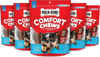 Milk-Bone Comfort Chews, Rawhide Free Dog Treats with Unique Chewy Texture and Real Beef, 3 Chews (Pack of 5), Easy on Digestive System