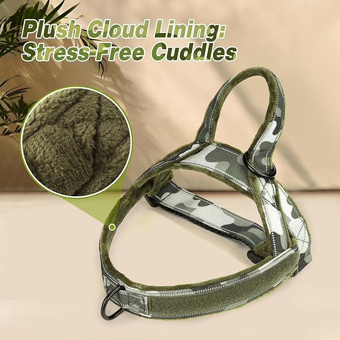 Forestpaw No Pull Dog Harness with Large Handle,Slip on Reflective Vest with Quick Release Buckle,Comfortable Flannel Lining for Medium Large Dogs Walking Training (Includes 3 Patches),Green Camo XL