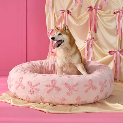 LE SURE Donut Small Dog Bed - Round Cat Beds for Indoor Cats Anti-Anxiety Calming Gift for Pets, Washable Cute Modern Beds with Jacquard Shaggy Plush & Anti Slip Bottom, 27 Inch, Pink Taffy