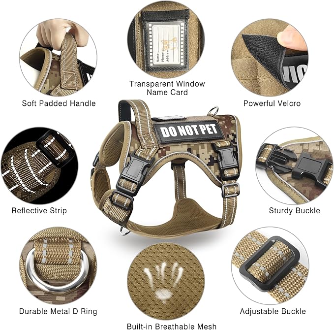 MOOGROU Tactical Dog Harness and Leash Set for Large Dogs,Heavy Duty No Pull Service Dog Vest and 10 Patches with Dog Seat Belt,Reflective Adjustable Pet Harness for Training Walking Hiking Camo L