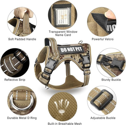 MOOGROU Tactical Dog Harness and Leash Set for Large Dogs,Heavy Duty No Pull Service Dog Vest and 10 Patches with Dog Seat Belt,Reflective Adjustable Pet Harness for Training Walking Hiking Camo L