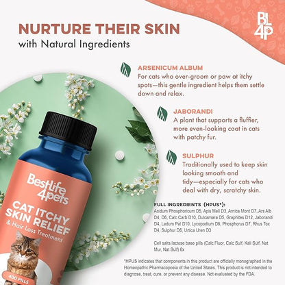 Cat Itchy Skin Relief & Hair Loss Treatment, Holistic Allergy Relief for Cats Calms Dry Skin, Dandruff & Reduces Licking, Scratching, Patchy, Matted and Shedding Fur, 400 Easy to Use Pills