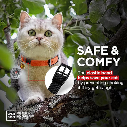 Leather Cat Collar with Bell and Safety Elastic Strap Breakaway Alternative for Small & Large Kittens, Stylish Pet Leather Collar for Boy, Girl Cats with Metal Buckle & QR ID Tag (Orange)