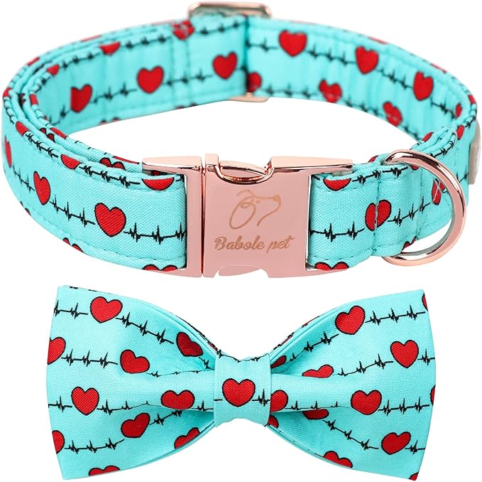 Valentines Dog Collar with Bow Tie,Green Love Heart Signal Valentine Dog Collars with Safety Metal Buckle Adjustable Puppy Collars for Small Medium Large Boy & Girl Dogs XS