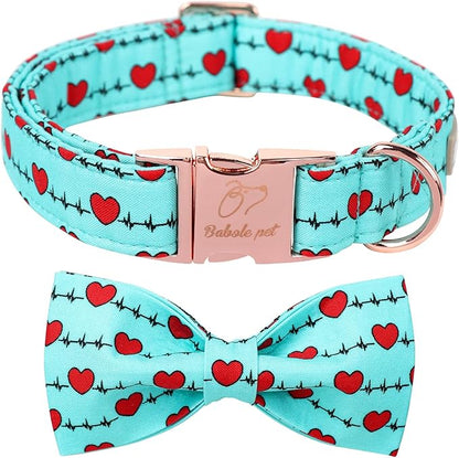 Valentines Dog Collar with Bow Tie,Green Love Heart Signal Valentine Dog Collars with Safety Metal Buckle Adjustable Puppy Collars for Small Medium Large Boy & Girl Dogs XS