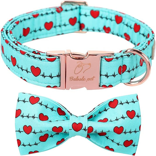 Valentines Dog Collar with Bow Tie,Green Love Heart Signal Valentine Dog Collars with Safety Metal Buckle Adjustable Puppy Collars for Small Medium Large Boy & Girl Dogs XS