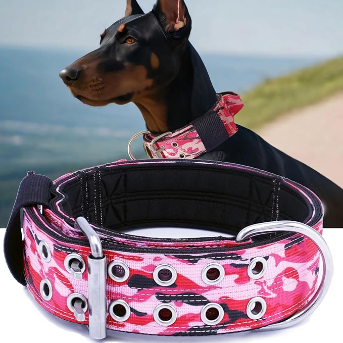 Dog Collar for Large Dogs - 2" Wide Tactical Collars with Handle for Extra Large Breed Dogs, Military Heavy Duty 1/3" Thick Nylon Pet Collar Camo Pink L