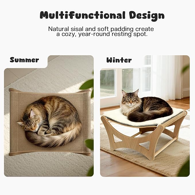 GreenPetopia Cat Hammock Bed, Wooden Elevated Cat Beds with Natural Sisal Scratching Mat, Cats Scratcher Bed with Removable Soft Cushion, Cats Scratching Beds with Wood Frames, 22" L x 17.7" W
