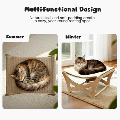GreenPetopia Cat Hammock Bed, Wooden Elevated Cat Beds with Natural Sisal Scratching Mat, Cats Scratcher Bed with Removable Soft Cushion, Cats Scratching Beds with Wood Frames, 22" L x 17.7" W
