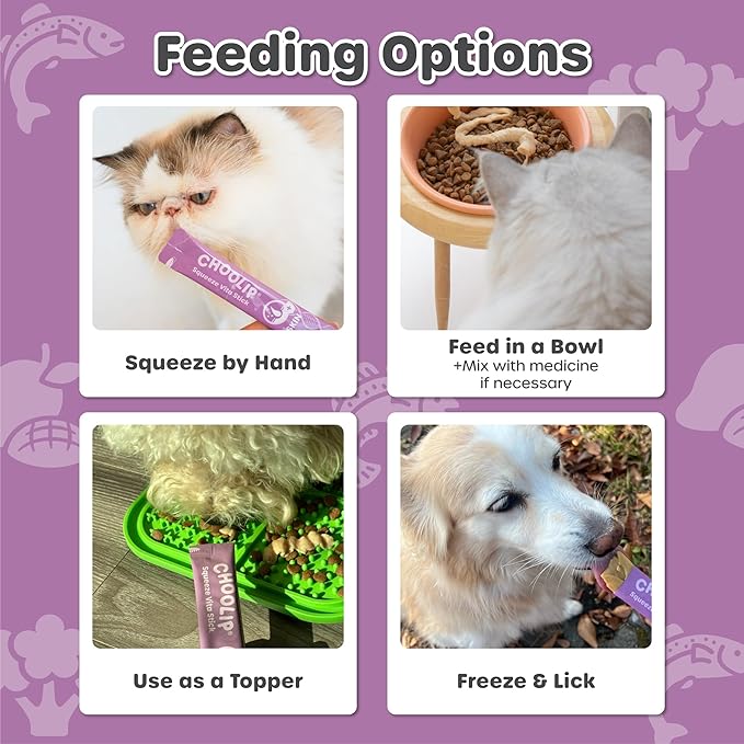 Choolip Squeeze Vita Stick Lickable Cat and Dog Treats, 7-Count Skin and Coat Support, Salmon and Pollack with Biotin and Omega-3, Vet-Formulated
