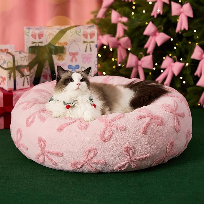 LE SURE Donut Cat Beds for Indoor Cats - Round Small Dog Bed Calming Bed Gift for Pets, Home Decor Cute Modern Beds with Jacquard Shaggy Plush & Anti Slip Bottom, 20 Inch, Pink Taffy