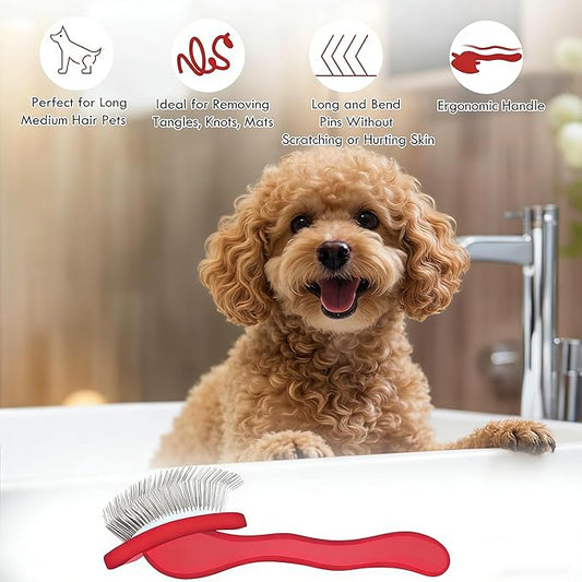 Slicker Brush for Dogs, Dog Grooming Supplies Long Pin Large Doodle Brush for Goldendoodles Poodles Bernedoodles, 3 Pcs Grooming Tools with Wooden Handle for Mats Tangles - Red