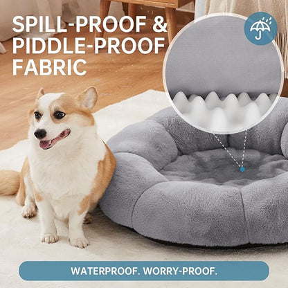 OhGeni 31 inches Calming Donut Orthopedic Dog & Cat Bed for Medium Pets, Warming Comfort Fluffy Short Pile Fur, Durable Waterproof Machine Washable Removable Cover, Round Bed for Puppy, Light Gray