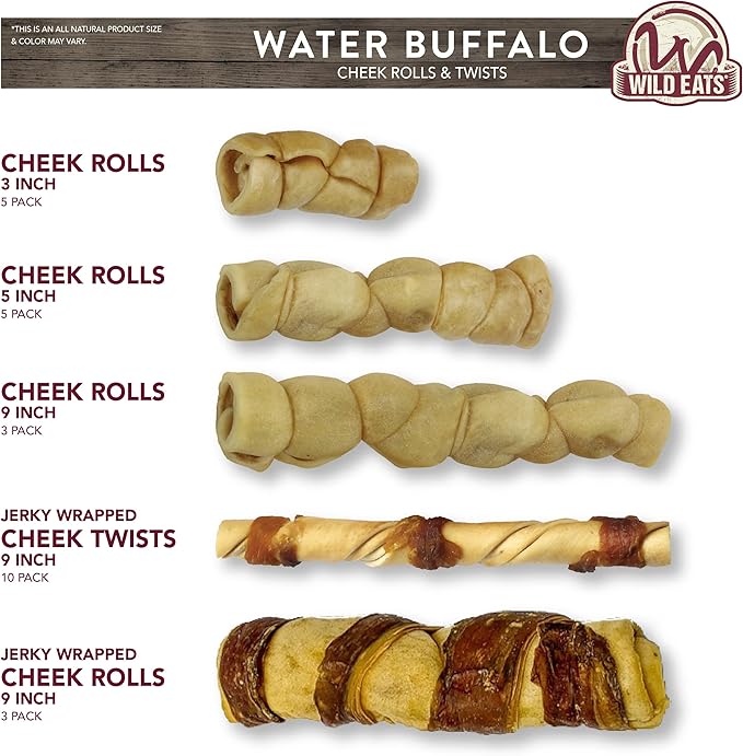 Wild Eats Water Buffalo Retriever 9 Inch Cheek Roll Dog Chews - 3 Pack (Healthy Alternative for Beef Rawhide for Dogs, Natural Treat, Single Source Protein Dog Treat)