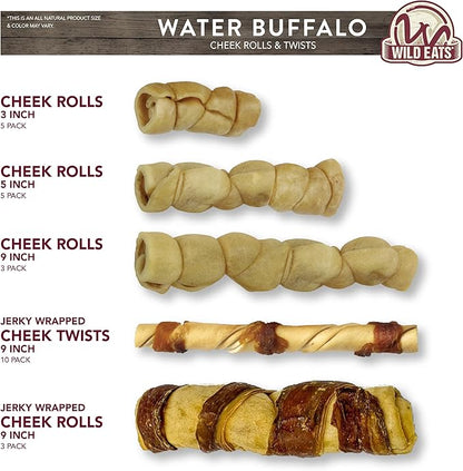 Wild Eats Water Buffalo Retriever Style Cheek Roll 3" Dog Chews-5 Pack (Long Lasting Dog Chews Treats & Bones for Medium Dogs) Substitute for Pig Ears for Dogs