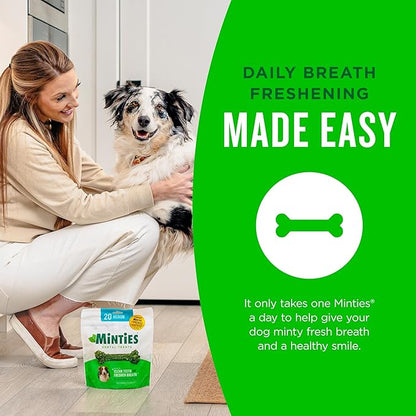 Minties Dental Chews for Dogs, 60 Count, Vet-Recommended Mint-Flavored Dental Dog Treats for Medium Dogs, Bones Clean Teeth, Fight Bad Breath, and Removes Plaque and Tartar