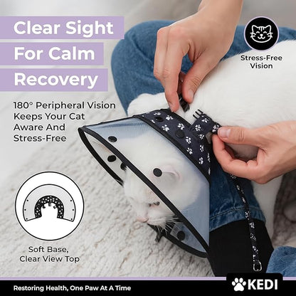 Cat Recovery Cone Kit Post Surgical Soft Pet Vest, Collar, and Non-Irritating Protection Cone for Cats - Comfortable Injury Care Solution (Black with White Paws, Medium)
